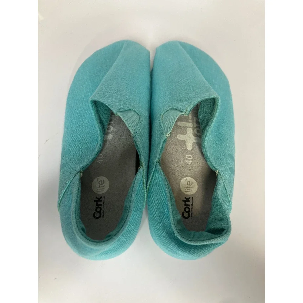 OTZShoes Espadrille Flats Womens 40 Turquoise Excellent Linen Slip On Cork Lite